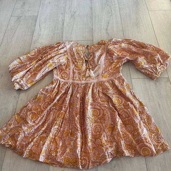 Anthropologie Agathe Lace Mini Dress Lace Neck Tie Tassels Pink gold size M - Picture 5 of 12